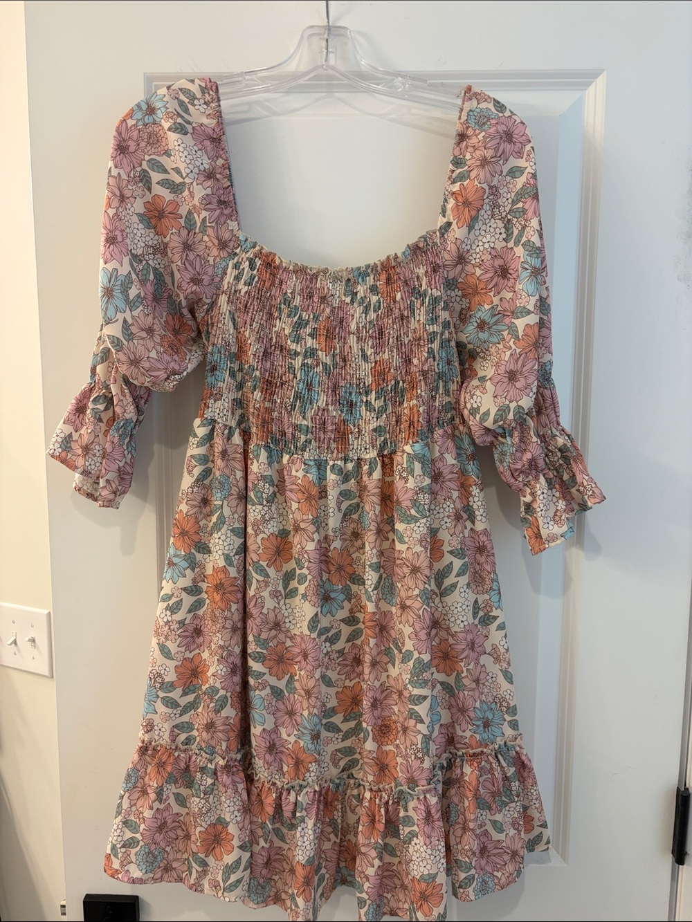 Floral Smocked Square-Neck Dress w/ cutout back